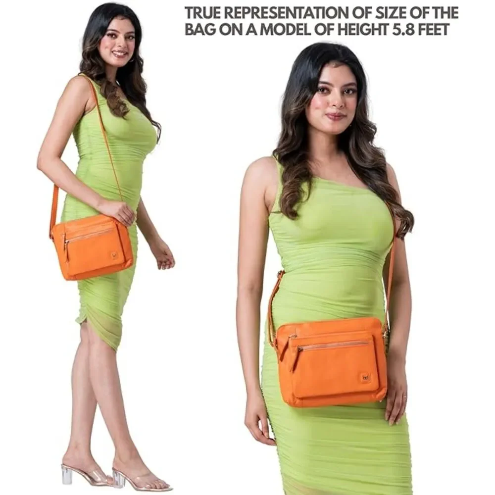 Women Orange Imported Leather Polyester Soft Pebbled Crossbody Shoulder Bag - Picture 2 of 4